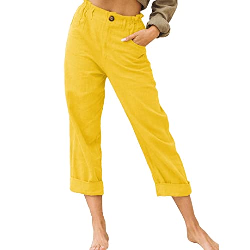 Linen Buttons Cropped Pants High Elastic Waist Stretch Capris Casual Work Crop Pants
