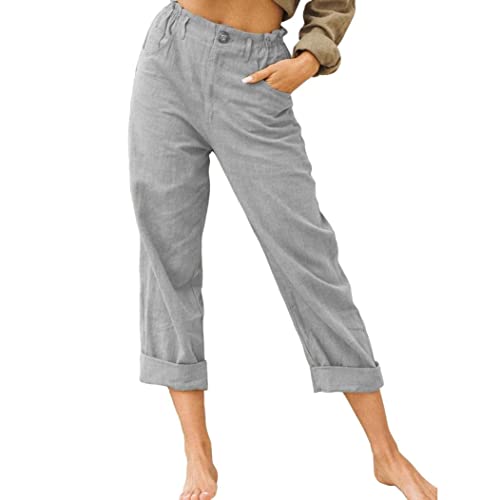 Linen Buttons Cropped Pants High Elastic Waist Stretch Capris Casual Work Crop Pants