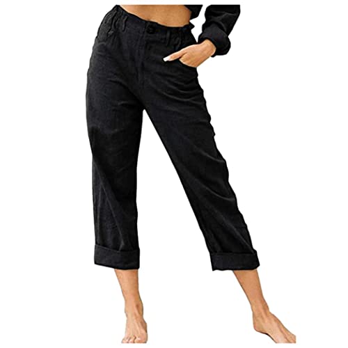 Linen Buttons Cropped Pants High Elastic Waist Stretch Capris Casual Work Crop Pants