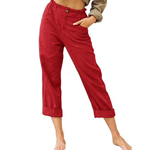 Linen Buttons Cropped Pants High Elastic Waist Stretch Capris Casual Work Crop Pants