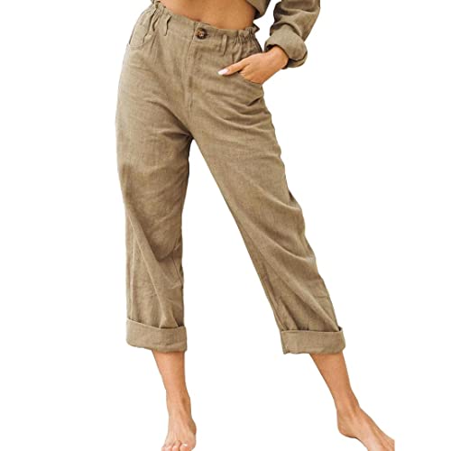 Linen Buttons Cropped Pants High Elastic Waist Stretch Capris Casual Work Crop Pants