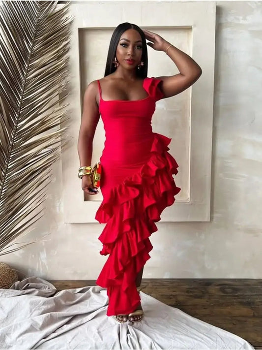 Ruffled Strap Sleeveless Skinny Party Dress