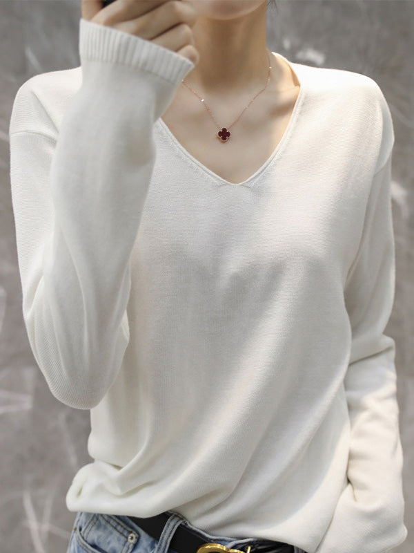 Simple Solid Color V-Neck Long Sleeve Knitwear Tops