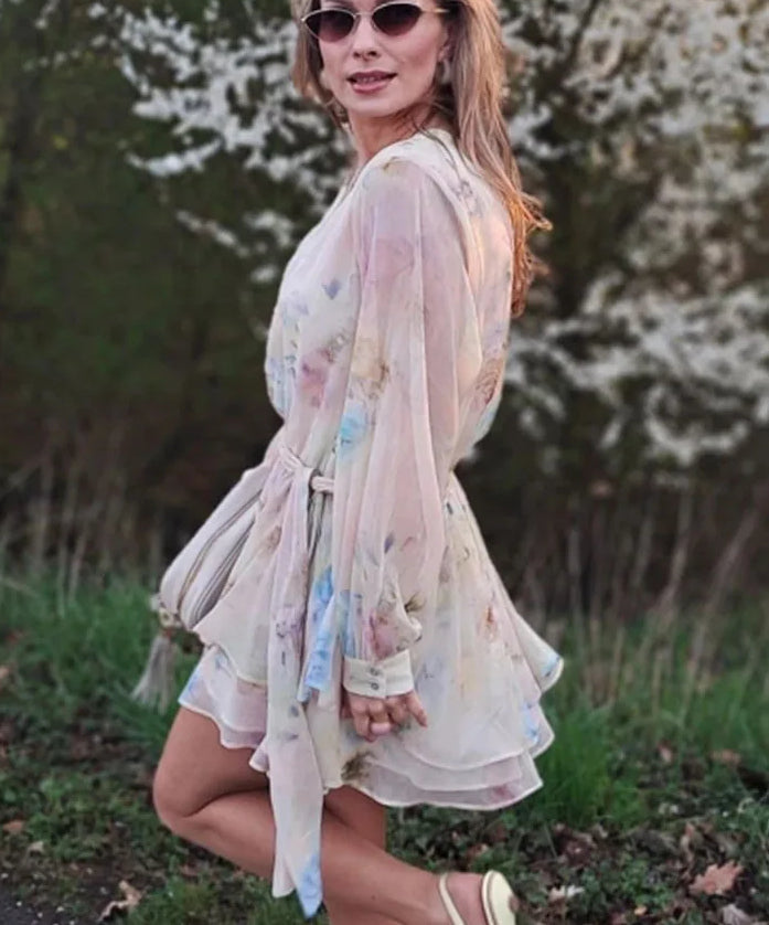 Bow Belt Long Sleeve Floral Dress