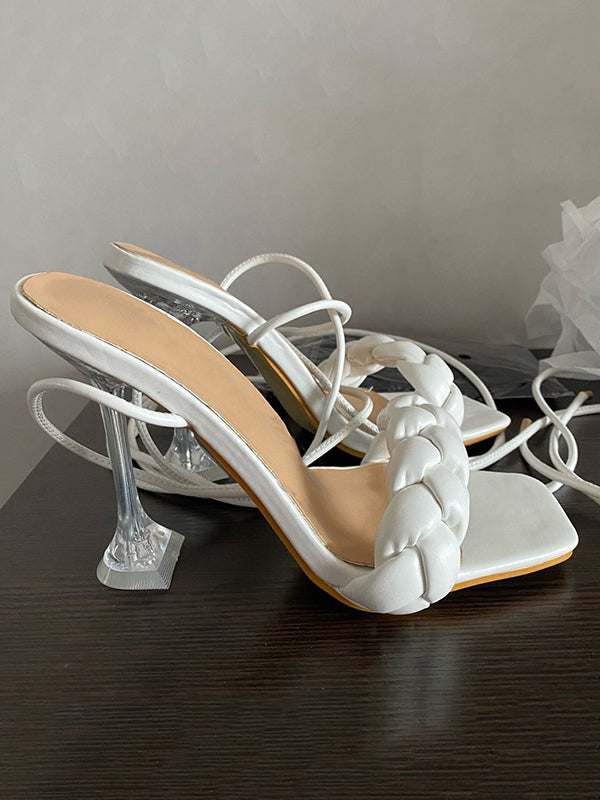 Lace-Up Open Toe Split-Joint Square-Toe Pumps Sandals