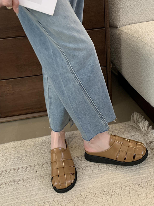 Hollow Round-Toe Split-Joint Woven Slippers&Mules Sandals