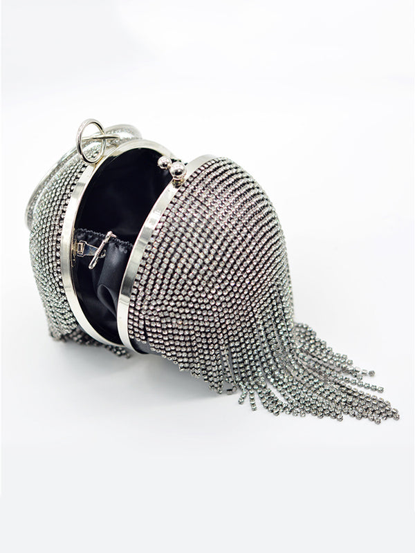 Geometric Rhine Stones Solid Color Tasseled Handbags