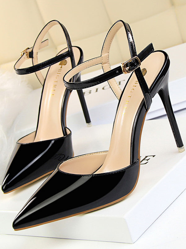 Belt Buckle Pointed-Toe Shiny Split-Joint Sandals Pumps