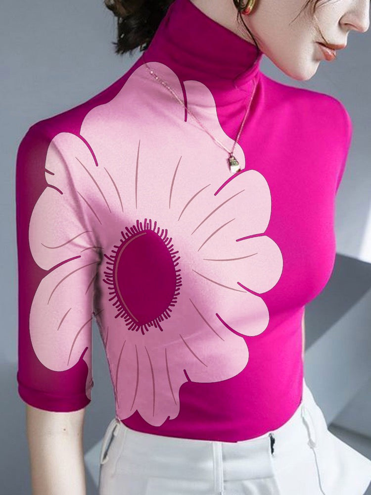 Half Sleeves Skinny Flower Print High Neck T-Shirts Tops