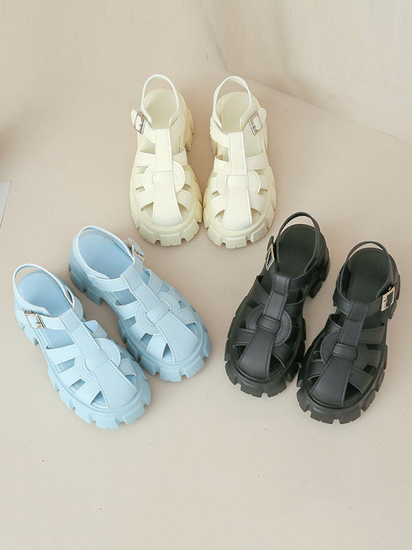 Belt Buckle Hollow Round-Toe Split-Joint Sandals Platform Shoes Gladiators