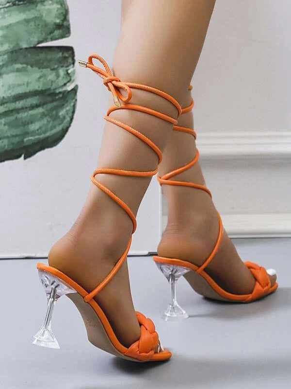 Lace-Up Open Toe Split-Joint Square-Toe Pumps Sandals