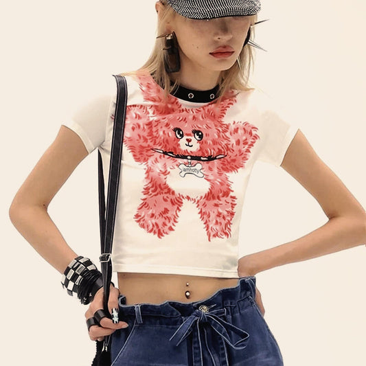 White Short Sleeve O-Neck Patchwork Crop Top