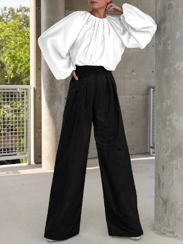 Contrast Color Round-Neck Puff Sleeves Blouse Top + Wide Leg Pants Two Pieces Set