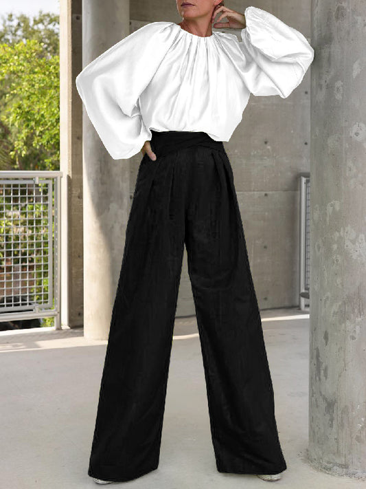 Contrast Color Round-Neck Puff Sleeves Blouse Top + Wide Leg Pants Two Pieces Set