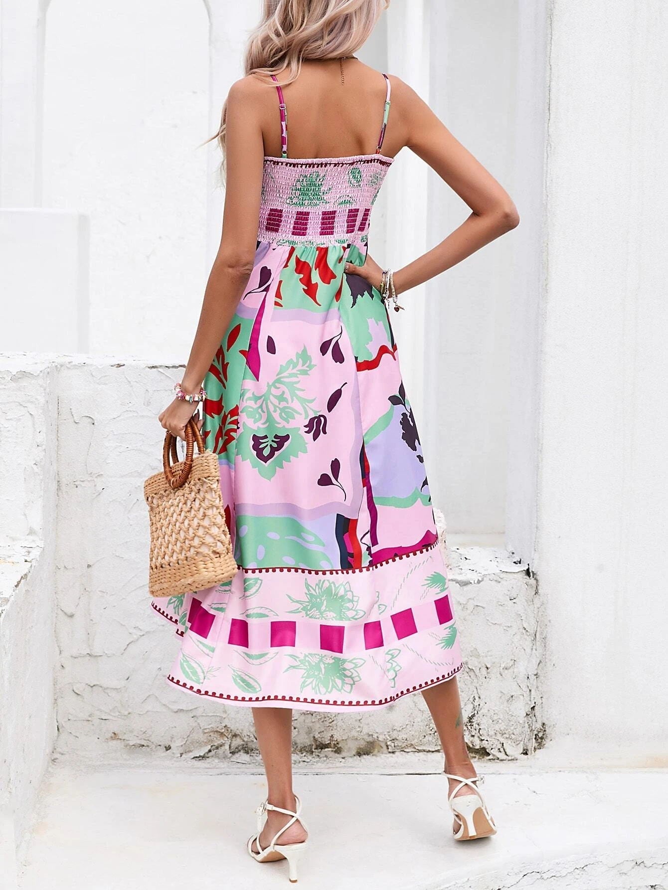 Patchwork Slip Midi Dress: Abstract Colorful Printed