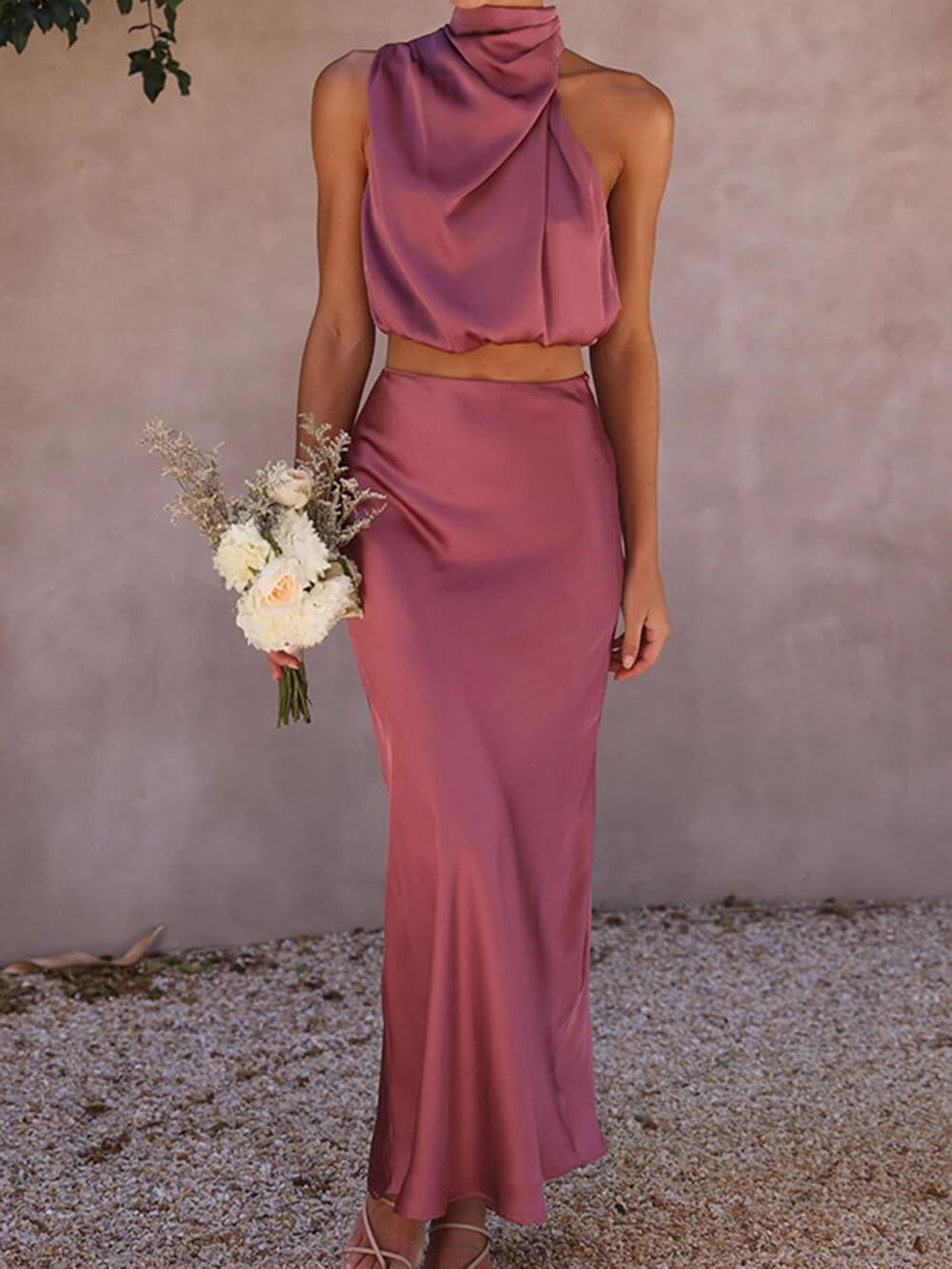 Satin Halter Crop Tank Top + Wrap Mini Skirt Set