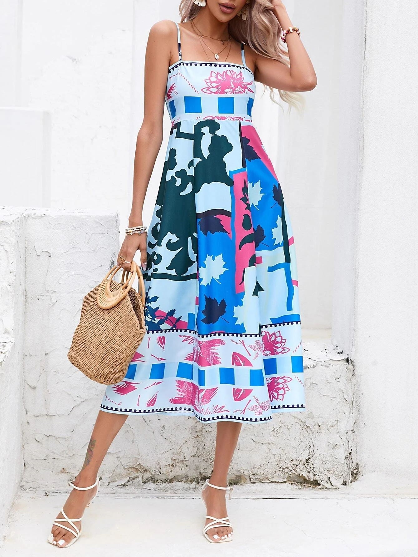 Patchwork Slip Midi Dress: Abstract Colorful Printed