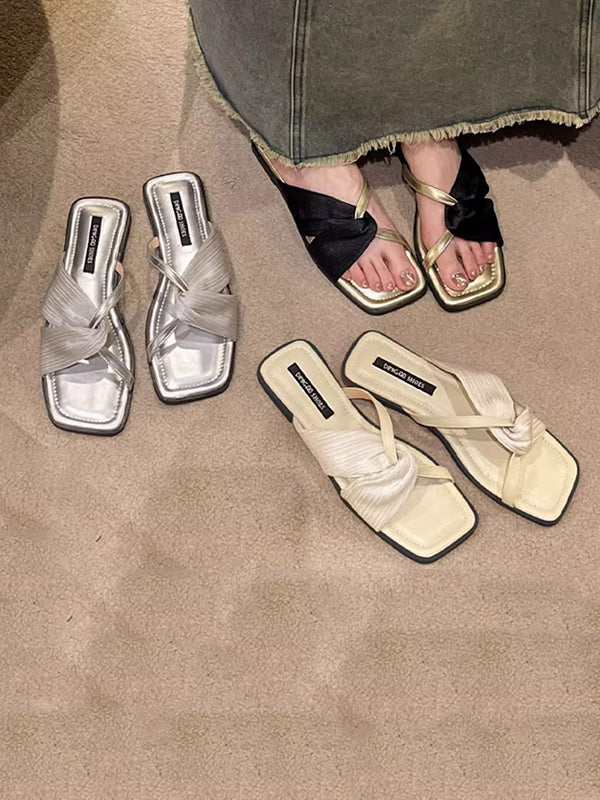Pleated Split-Joint Square-Toe Slippers Sandals