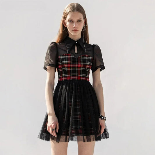 Daily Lace Organza Spliced Plaid Short Sleeve A-Line Casual Gothic Dress