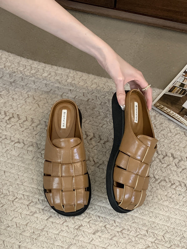 Hollow Round-Toe Split-Joint Woven Slippers&Mules Sandals