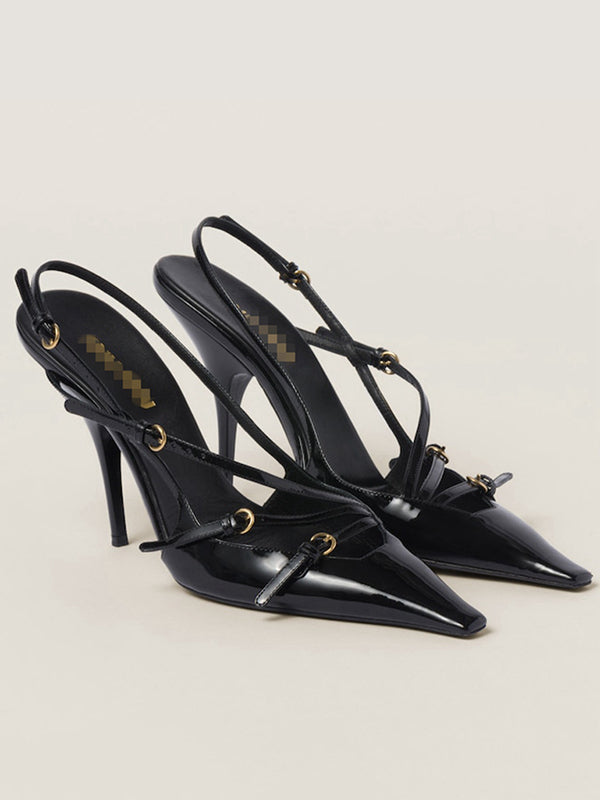 Belt Buckle Hollow Pointed-Toe Split-Joint Sling Shoes Pumps Sandals