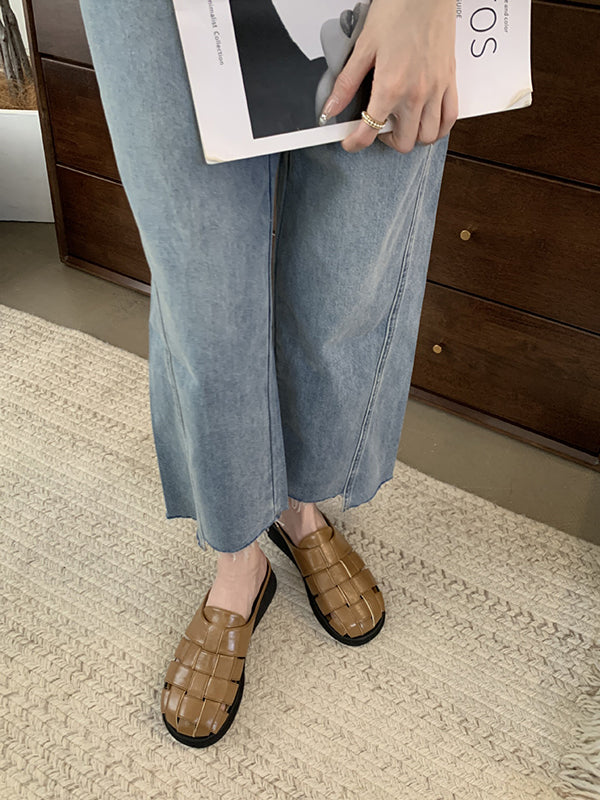 Hollow Round-Toe Split-Joint Woven Slippers&Mules Sandals