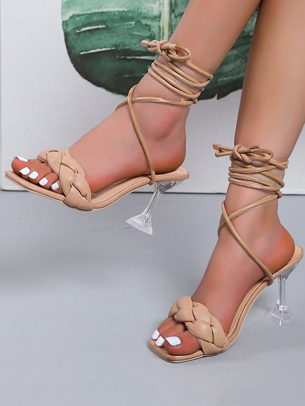 Lace-Up Open Toe Split-Joint Square-Toe Pumps Sandals