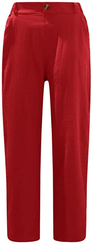 Linen Buttons Cropped Pants High Elastic Waist Stretch Capris Casual Work Crop Pants