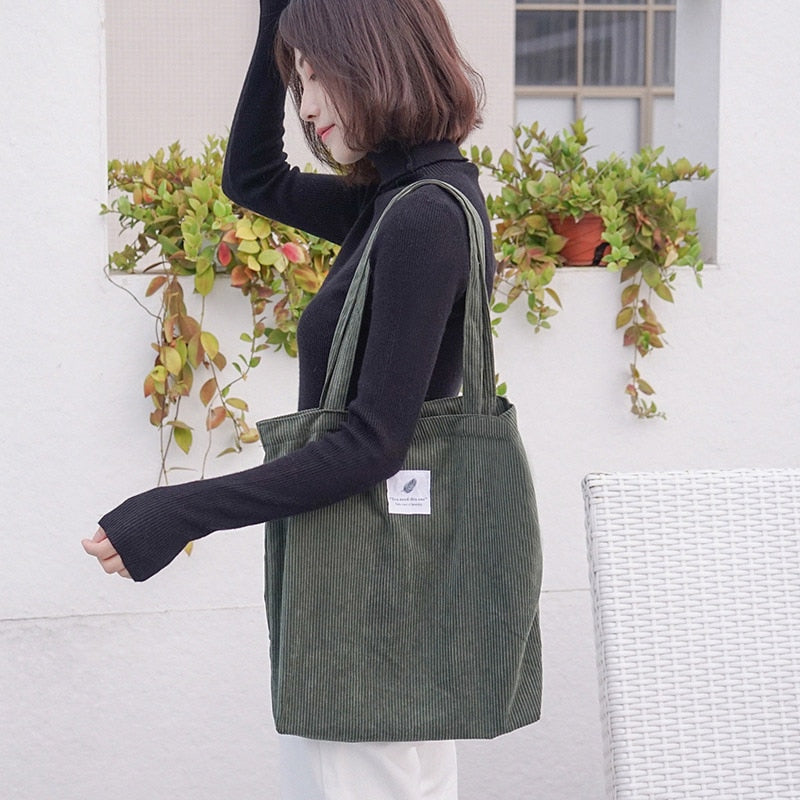 Corduroy Shopper Bag With Interior Zipper Pocket