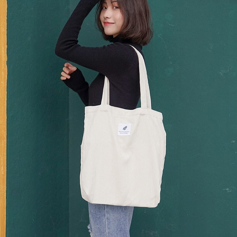Corduroy Shopper Bag With Interior Zipper Pocket