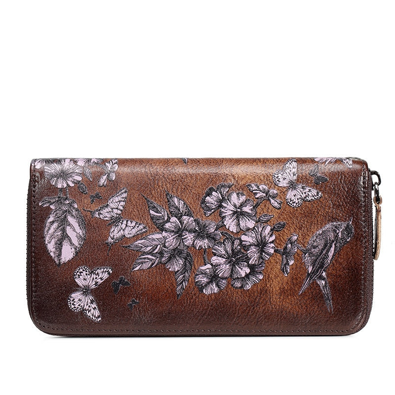Floral Patterned Long Leather Wallet