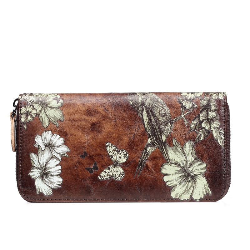 Floral Patterned Long Leather Wallet