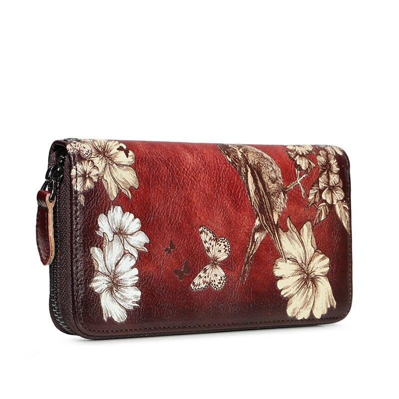 Floral Patterned Long Leather Wallet