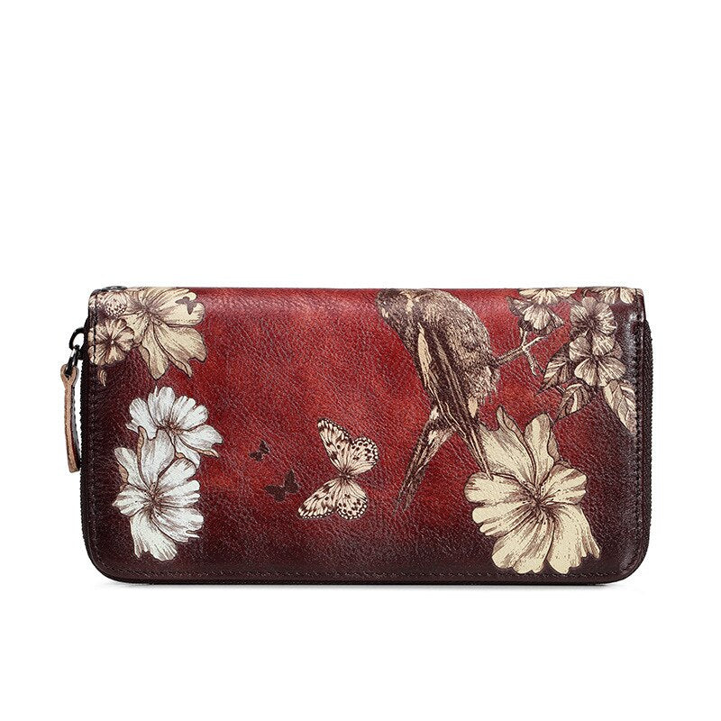 Floral Patterned Long Leather Wallet