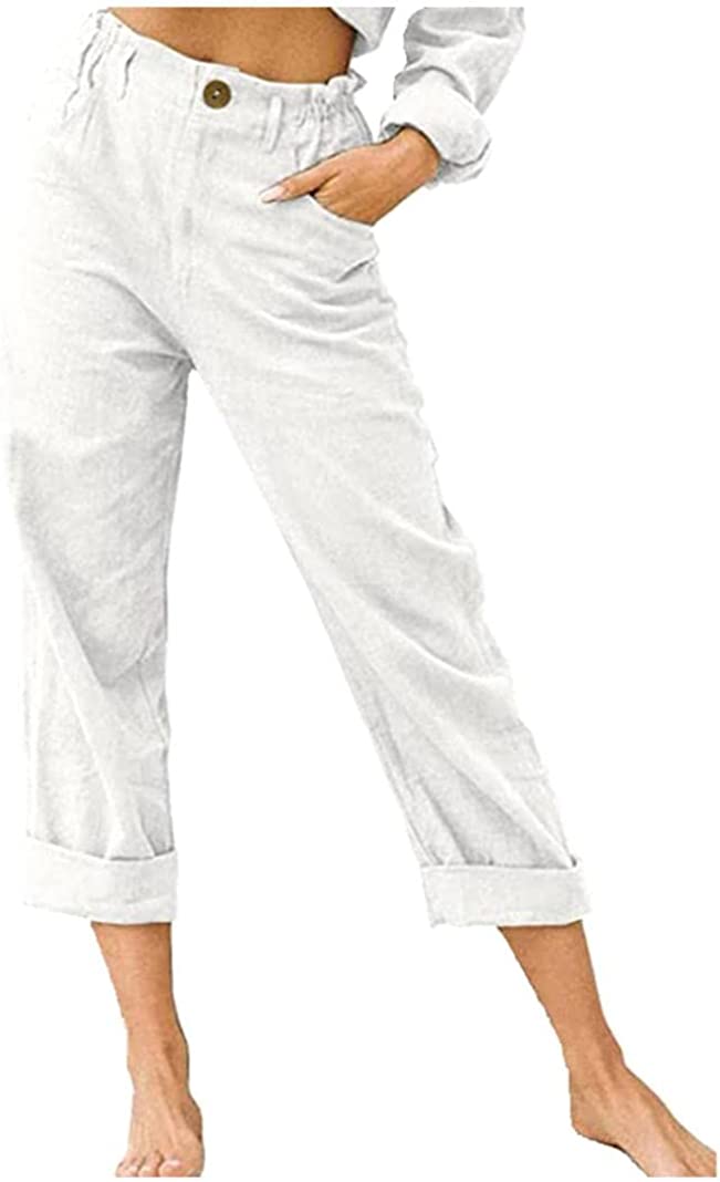 Linen Buttons Cropped Pants High Elastic Waist Stretch Capris Casual Work Crop Pants