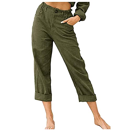 Linen Buttons Cropped Pants High Elastic Waist Stretch Capris Casual Work Crop Pants