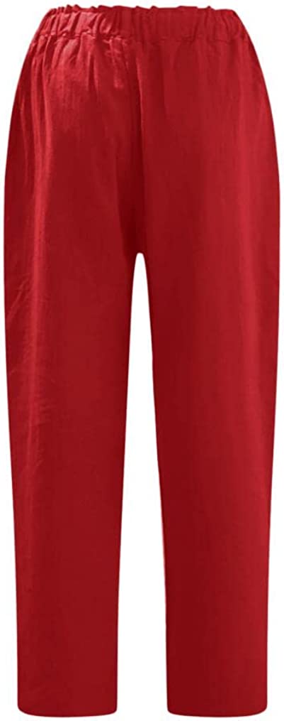 Linen Buttons Cropped Pants High Elastic Waist Stretch Capris Casual Work Crop Pants