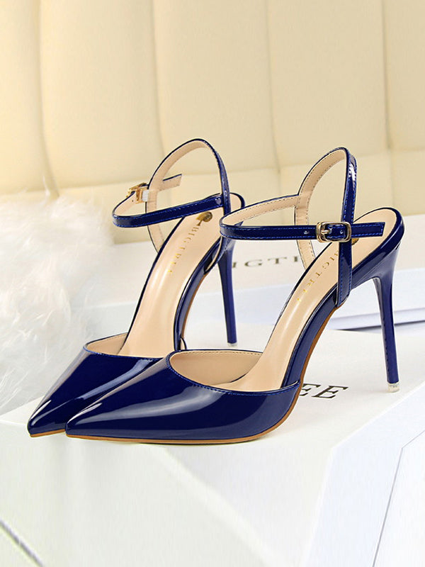 Belt Buckle Pointed-Toe Shiny Split-Joint Sandals Pumps