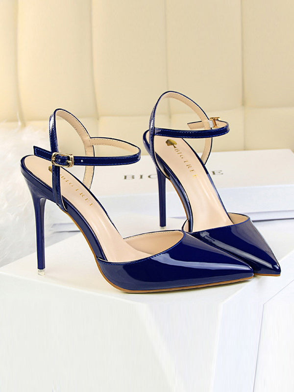 Belt Buckle Pointed-Toe Shiny Split-Joint Sandals Pumps