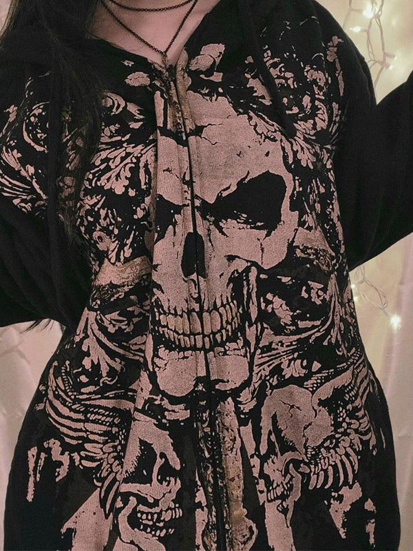 Black Vintage Skull Print Zip Up Oversized Hoodie