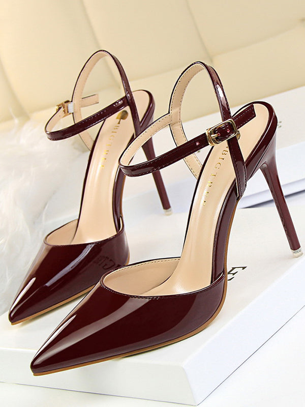 Belt Buckle Pointed-Toe Shiny Split-Joint Sandals Pumps