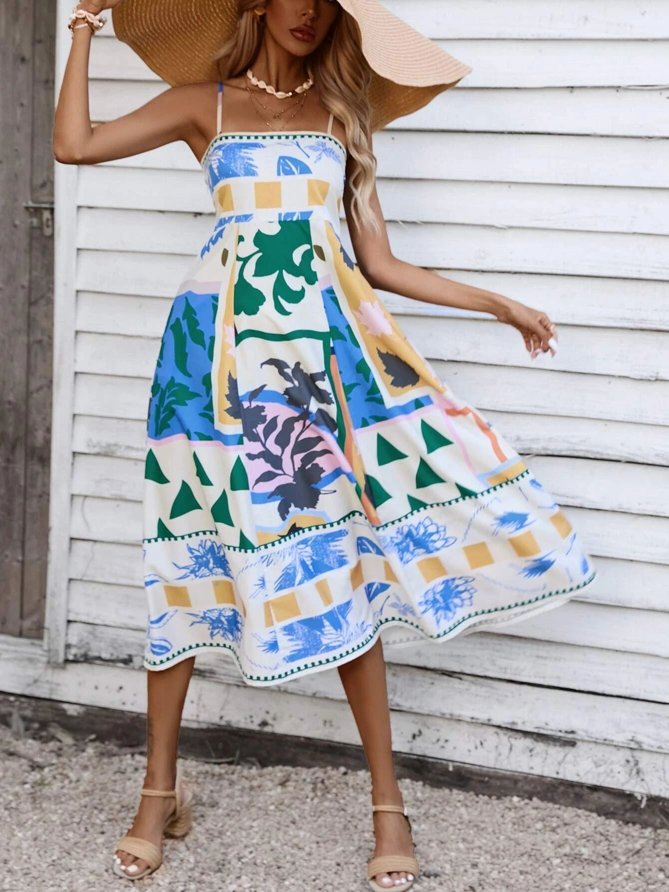 Patchwork Slip Midi Dress: Abstract Colorful Printed