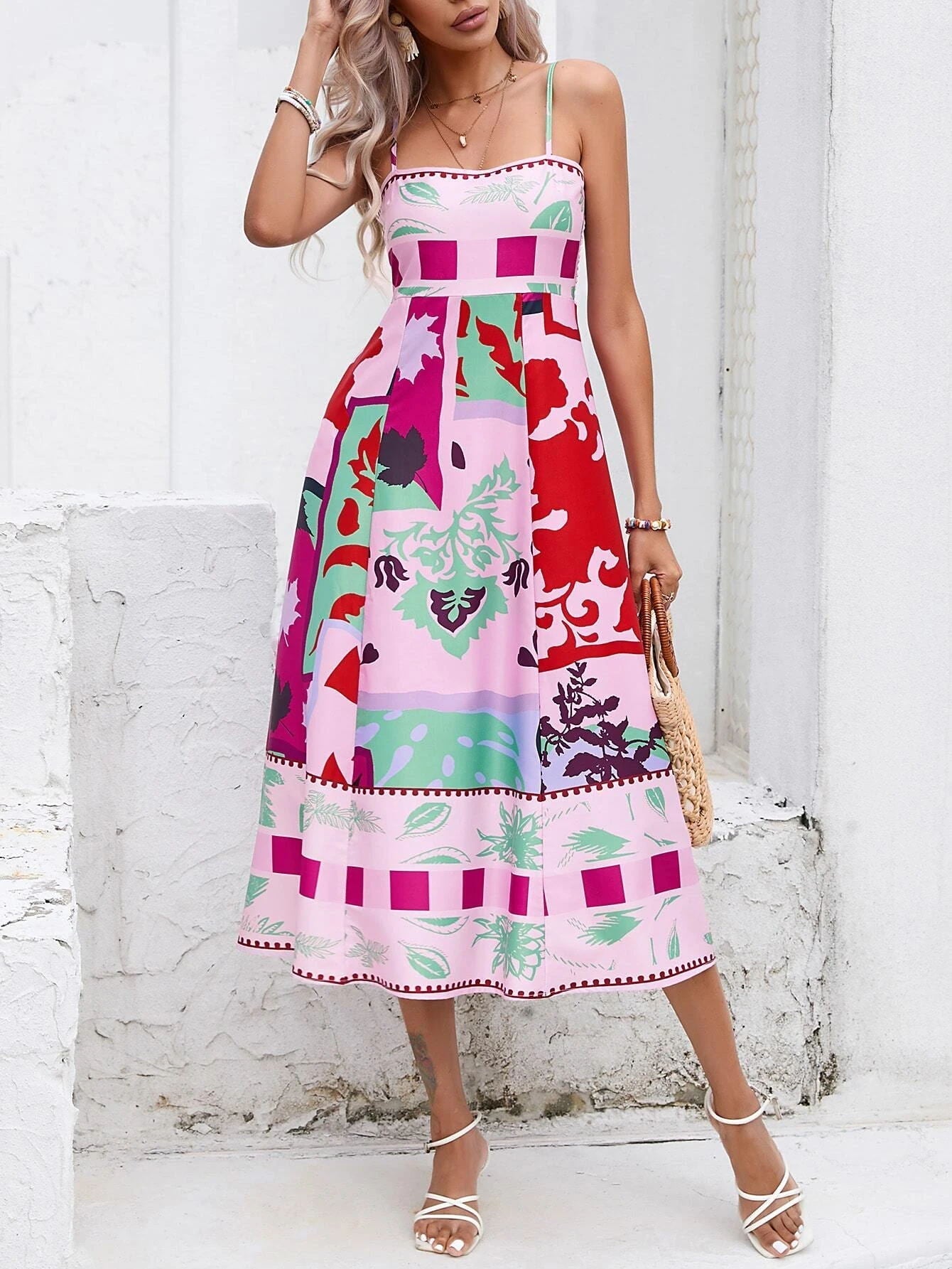 Patchwork Slip Midi Dress: Abstract Colorful Printed