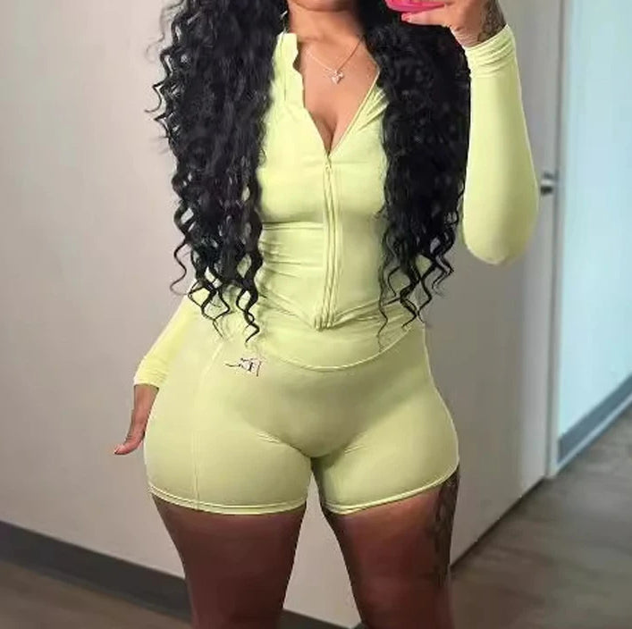 Zipper Turtleneck Long Sleeve Jacket Black Two Piece Shorts Set