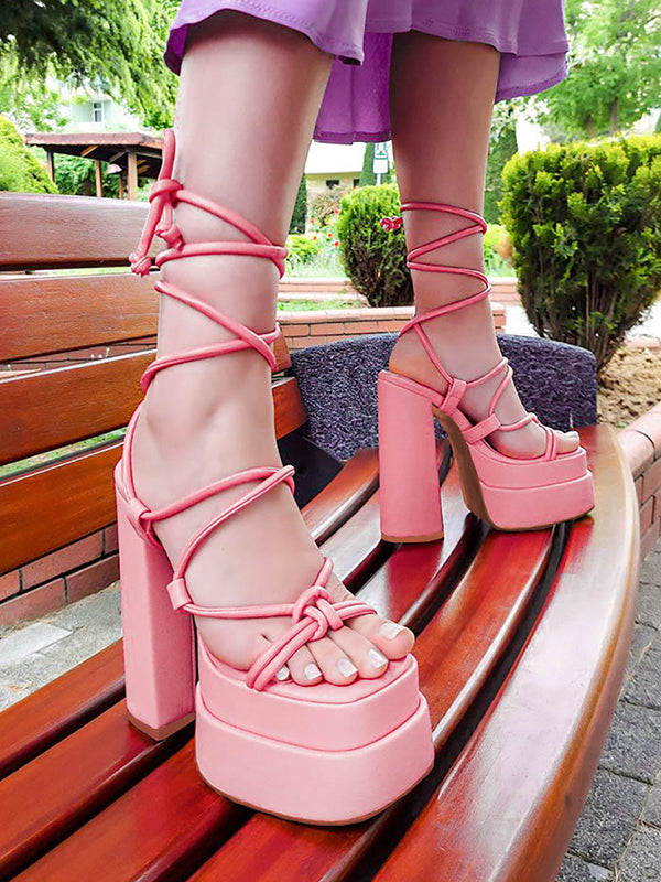 Bandage Solid Color Square-Toe Chunky Shoes Platform Pumps Sandals