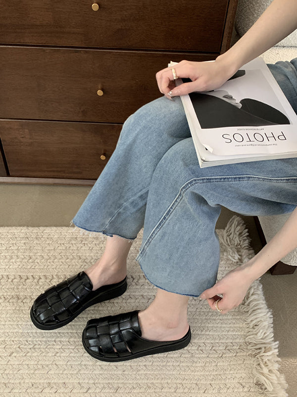 Hollow Round-Toe Split-Joint Woven Slippers&Mules Sandals