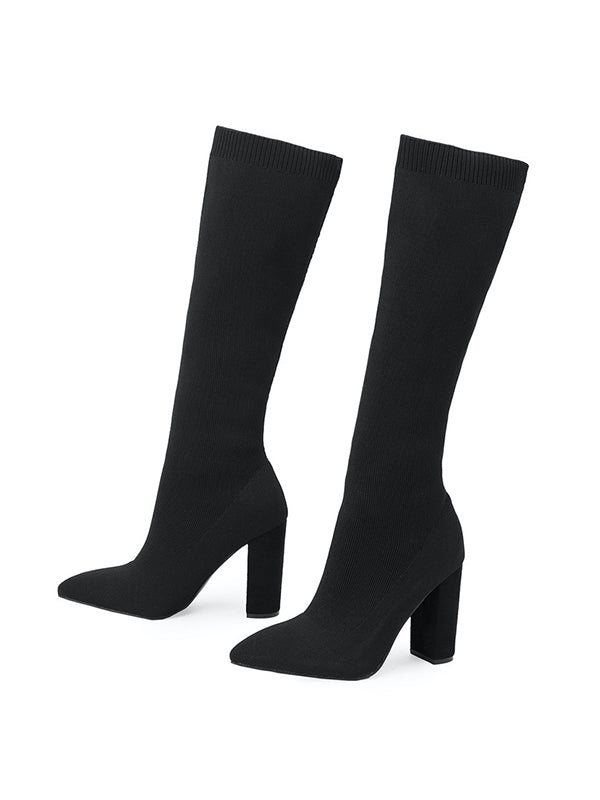 Pointed-Toe Solid Color Chunky Shoes Pumps Boots