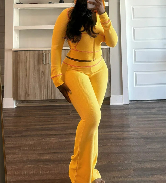 Zipper Hoodie Flare Pants Knit Set