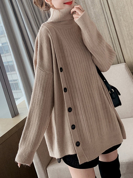 High-Low Long Sleeves Asymmetric Buttoned High-Neck Knitwear Pullovers Sweater Tops