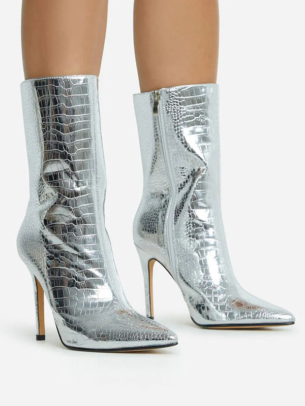 Crocodile Pattern Pointed-Toe Solid Color Zipper Stilettos Boots